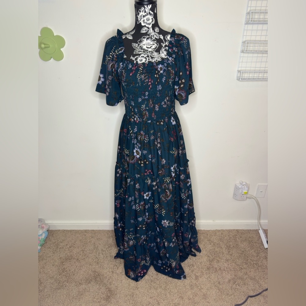 EUC Baltic Born Teal Floral Maxi with Smocked Waist — Large
